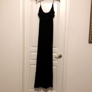 Felicity & Coco. Long, black, strapless maxi dress. Details at top and bottom.
